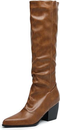 Generic Womens Pull on Knee High Boots Pointed Toe PU Leather Knight Boots Chunky Heel Casual Long Boot,Brown,4.5 UK