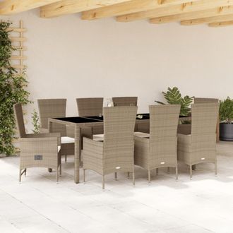 vidaXL Set Comedor De Jard&iacute;n 9 Pzas Con Cojines Rat&aacute;n Sint&eacute;tico Beige Vidaxl