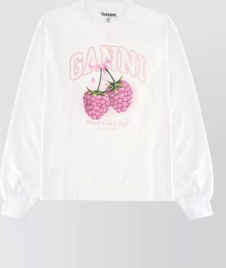 Ganni oversized long-sleeve raspberry-print t-shirt