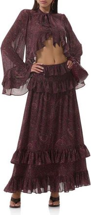 AFRM Aldora Paisley Bell Sleeve Crop Top in Chocolate Paisley at Nordstrom, Size X-Large