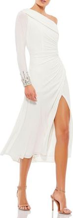 Mac Duggal Asymmetrical One Shoulder Jewel Accented Cuff Midi Dress in White at Nordstrom, Size 0