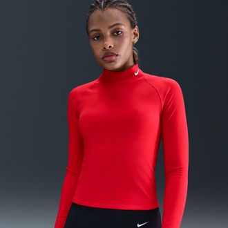 Nike Womens Nike Pro Dri-FIT Long-Sleeve Mock-Neck Top in Red | IO7406-657