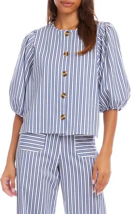 Karen Kane Puff Sleeve Button-Up Shirt in Blue/white at Nordstrom, Size X-Large