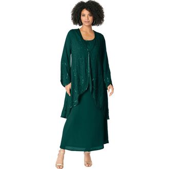 Roaman's Plus-Size 2 Piece Long Sleeve Beaded Georgette Gown Set With Detachable Jacket in Emerald Green at Nordstrom, Size 40