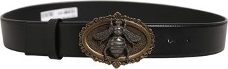 Dolce & Gabbana Black Leather Bee Accent Metal Buckle Mens Belt