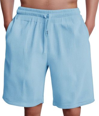 Generic Mens Waffle Knit Shorts Mens Lounge Shorts Breathable Textured Short Knit Walking Short Summer Beach Trunks Solid Color Vacation Trunks Stretch Fit Sl