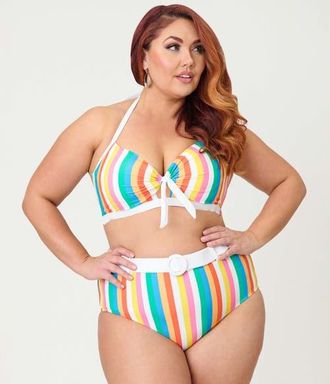 Unique Vintage Plus Size High Waisted Belted Redondo Swim Bottoms in Blue Rainbow Stripe at Nordstrom, Size 3X