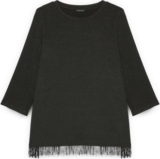 Fiorella Rubino Jersey T-shirt met pailletten en franjes - Dames - Longsleeves - Zwart - XL - Pailletten - Tops