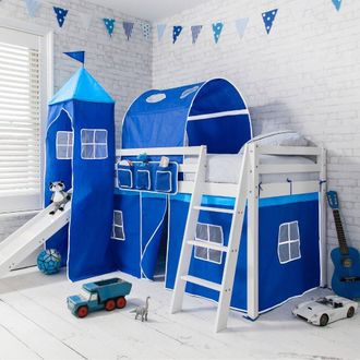 N&ouml;a & Nani Moro Cabin Bed with Slide and Blue Tent, Tower & Tunnel in White | Size: Single