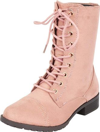Forever Link Womens Round Toe Military Lace up Knit Ankle Cuff Low Heel Combat Boots, Dusty Pink, 4.5 UK