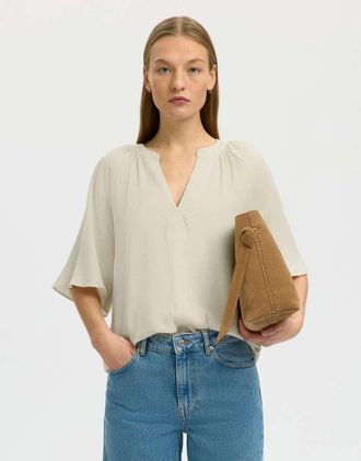 Selected Blusa color sabbia con scollo a V-Bianco