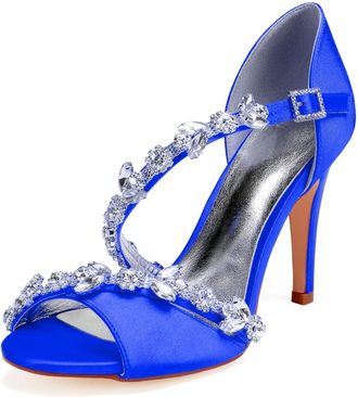 Generic Wedding Bridal Shoes Womens Heels Ankle Strap High Heels Heeled Open Toe Satin Bridal Stiletto Sandals 10.5Cm,Blue,9 UK