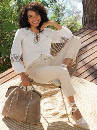 Heine Langarmbluse HEINE, Damen, Gr. 34, champagner, dunkeltaupe, gemustert, 100% Baumwolle, gebl&uuml;mt, gemustert, mehrfarbig, Rundhals, Blusen Langarmbluse