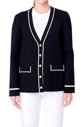 English Factory Contrast V-Neck Cardigan in Black/White at Nordstrom, Size X-Small