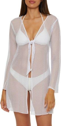 BECCA by Rebecca Virtue Tie Front Long Sleeve Sheer Mesh Cover-Up in White at Nordstrom, Size Medium