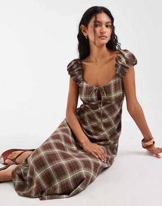 Kiss The Sky Kiss the Sky - Vestito lungo milkmaid color moka a quadri con maniche a sbuffo e apertura a goccia-Multi