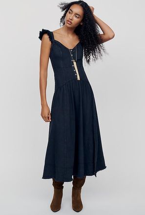 Pilcro 100% Cotton Ruffled Denim Midi Dress