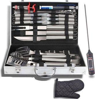 OEM Juego De 32 Utensilios Para Barbacoa De Acero Inoxidable Con Term&oacute;metro E Inyector Para Carne. Ideal Para Gourmets