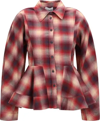 Ganni Womens Shirt Peplum Flannel Raspberry Wine Cotton