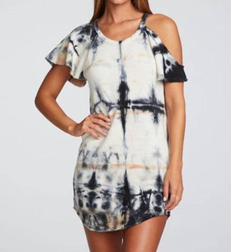 Chaser Linen French Terry Tie Dye Vented Flutter Sleeve Dress In Black Sands