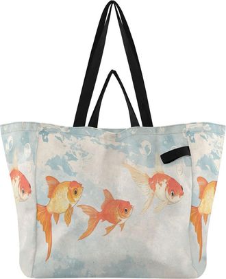Generic Bubbles Orange Goldfish print Reusable Canvas Tote Bag, Heavy Duty Grocery Shopping Bag with Double Handles Large Capacity Hard Bottom Work Groceries 