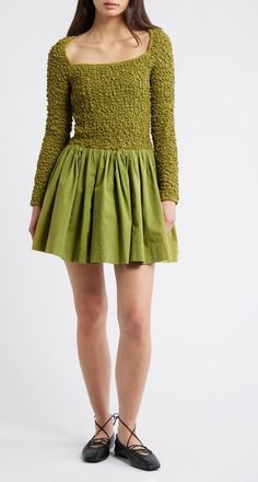 Damson Madder Malinda Smocked Long Sleeve Organic Cotton Minidress in Olive at Nordstrom, Size 12 Us