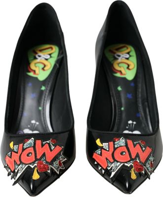 Dolce & Gabbana Black Leather WOW Patch Heels Pumps Womens Shoes