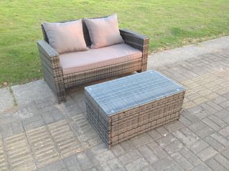 Fimous Dark Mixed Grey High Back Rattan Garden Furniture 2 Seater Love Seat Sofa With Oblong Coffee Table in Dark Grey
