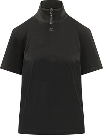 Courr&egrave;ges Black Solid Mock Collar T-Shirt