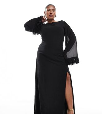 Tfnc Plus long sleeve maxi dress with faux feather cuffs in black