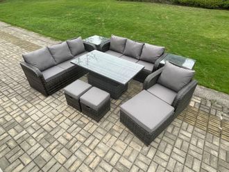 Fimous PE Rattan Outdoor Garden Furniture Sets Height Adjustable Rising lifting Dining Table Sofa Set with 2 Side Tables Reclining Chair in Dark Grey