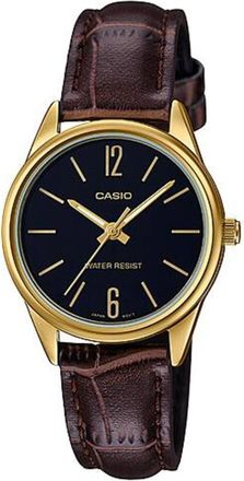Casio Womens Black Dial Gold-Tone Case Brown Leather Strap Watch - LTP-V005GL-1BUDF