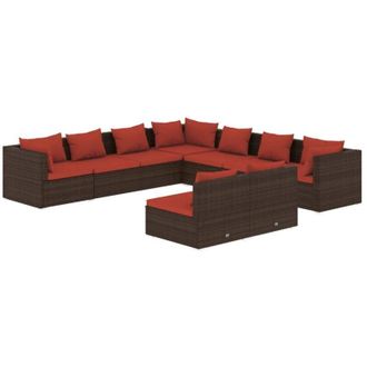 vidaXL Set Muebles De Jard&iacute;n 9 Piezas Y Cojines Rat&aacute;n Sint&eacute;tico Marr&oacute;n Vidaxl