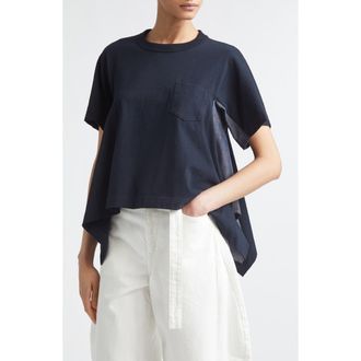 sacai Lightweight Cotton Jersey & Denim T-Shirt in Navy/Blue at Nordstrom, Size 4