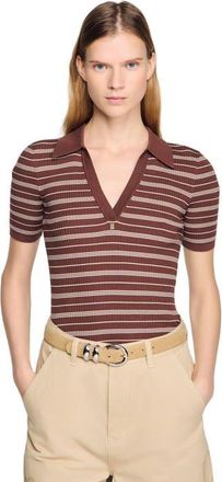 Sandro Striped V-neck polo sweater in Brown at Nordstrom, Size X-Large