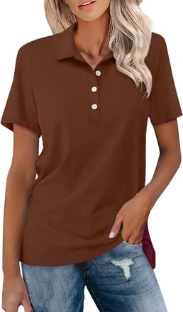 Generic VEMOW Women T Shirts Solid Color Short Sleeve Polo Shirts Womens Summer Button Down Collared Tops Retro Soft Casual Loose Tees(Brown,XL)
