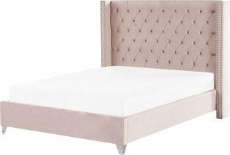 Beliani Bed Velvet LUBBON 160 x 200 cm (EU King Size) Pastel Pink