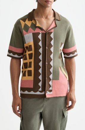 Scotch & Soda Oversize Geo Jacquard Knit Cotton Blend Camp Shirt in Patchwork Jacquard at Nordstrom, Size Xx-Large