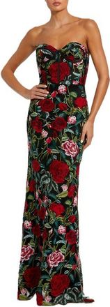 Mac Duggal Sheer Bustier Top Floral Applique Gown in Black Multi at Nordstrom, Size 14