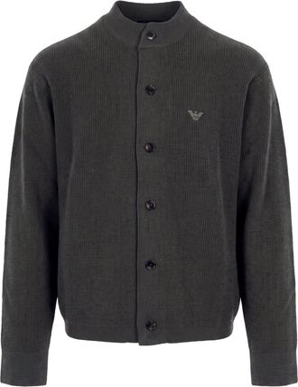 Emporio Armani Anthracite Grey Virgin Wool Cotton-Blend Ribbed Knit Cardigan
