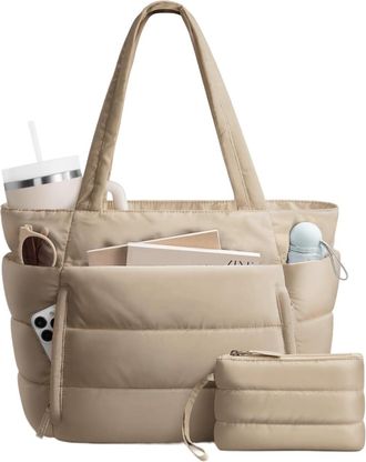 Generic Tote Bag For Women, Lightweight Puffy Work Handbag Teacher Nurse Quilted Shoulder for School Travel Gym(light brown)