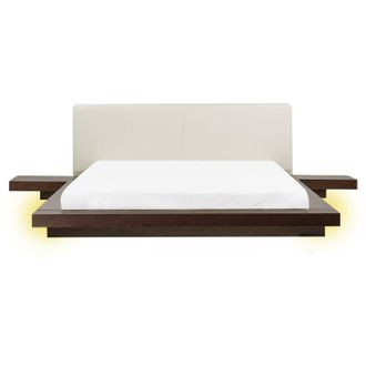 Beliani Cama Led Moderna Con Plataforma Mesitas De Noche Cabecero De Piel Sint&eacute;tica Mdf Madera De Fresno Oscuro 160 X 200 Cm Zen