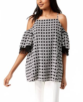 Alfani Printed Cold Shoulder Top In Inverse Dots