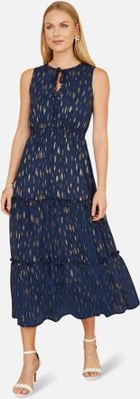 Yumi Foil Print Ruched Waist Midi Dress in Navy at Nordstrom, Size 10