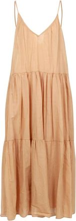 Kaos Katoen V-hals Jurk met Ruches - Dames - Maxi kleedjes - Beige - XS - Katoen - Kleedjes