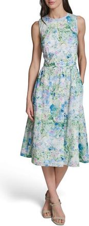 Karl Lagerfeld Print Tie Back Midi Dress in Sky Blue Multi at Nordstrom, Size 12