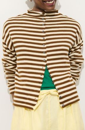 Alex Mill Taylor Stripe Mock Neck Cotton & Cashmere Cardigan in Ivory /Brown at Nordstrom, Size X-Small