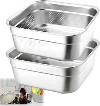 Gabrielle Juego De Recipiente Para Lavar Platos 2 En 1 De Acero Inoxidable, 32,5 Cm, Con Colador Recipiente Apto Para Uso Alimentario Para Lavar Frutas Y Verdur