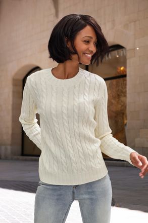 Lascana Rundhalspullover LASCANA, Damen, Gr. 32/34, creme, Strick, Obermaterial: 50% Baumwolle, 50% Polyacryl, unifarben, figurumspielend h&uuml;ftlang, Rundhals, 