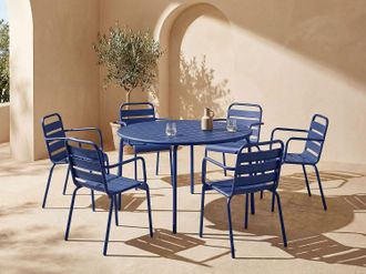 Vente-Unique Sala da pranzo da giardino un tavolo rotondo D.130cm e 6 poltrone impilabili in Metallo Blu notte - MIRMANDE di MYLIA